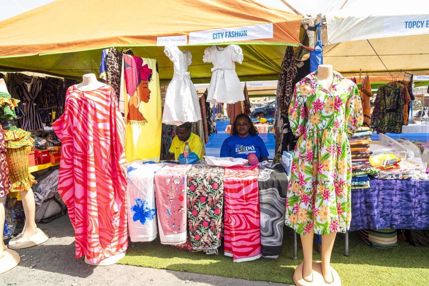 Exhibitor's fabric and textile stall at the Obuasi Trade Show